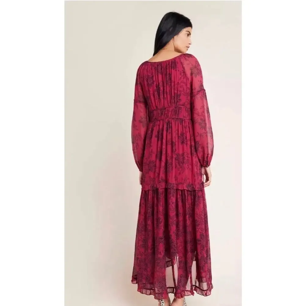 Anthropologie Maeve Annabella Floral Bohemian Tiered Maxi Dress Merlot Red Sz 8 - Picture 6 of 7